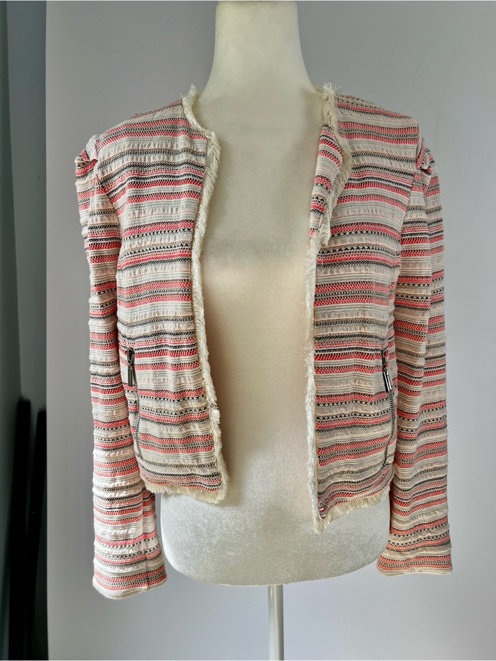 Willow & Clay Striped Fringe Jacket Zip Pockets Metallic XS